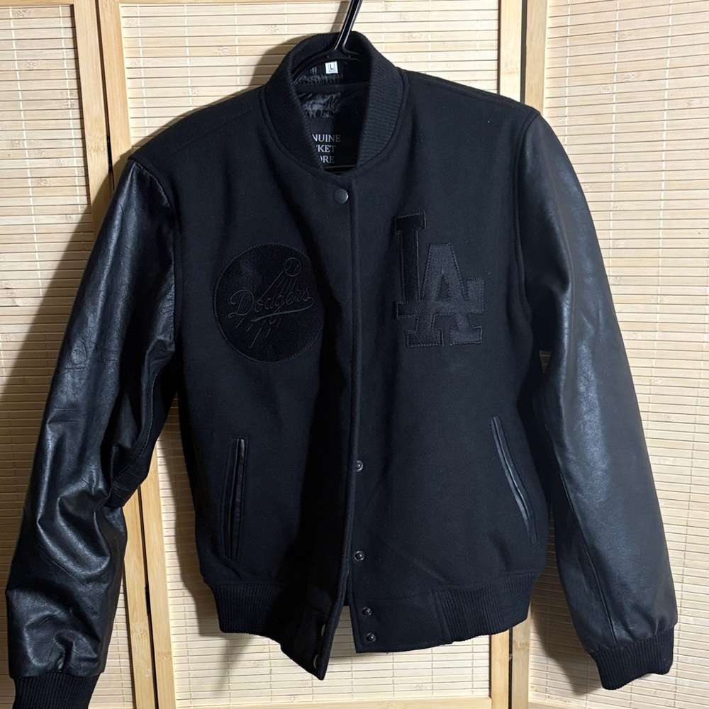 Women's Black Varsity Jacket with Leather Sleeves - dodgers -Los Angeles